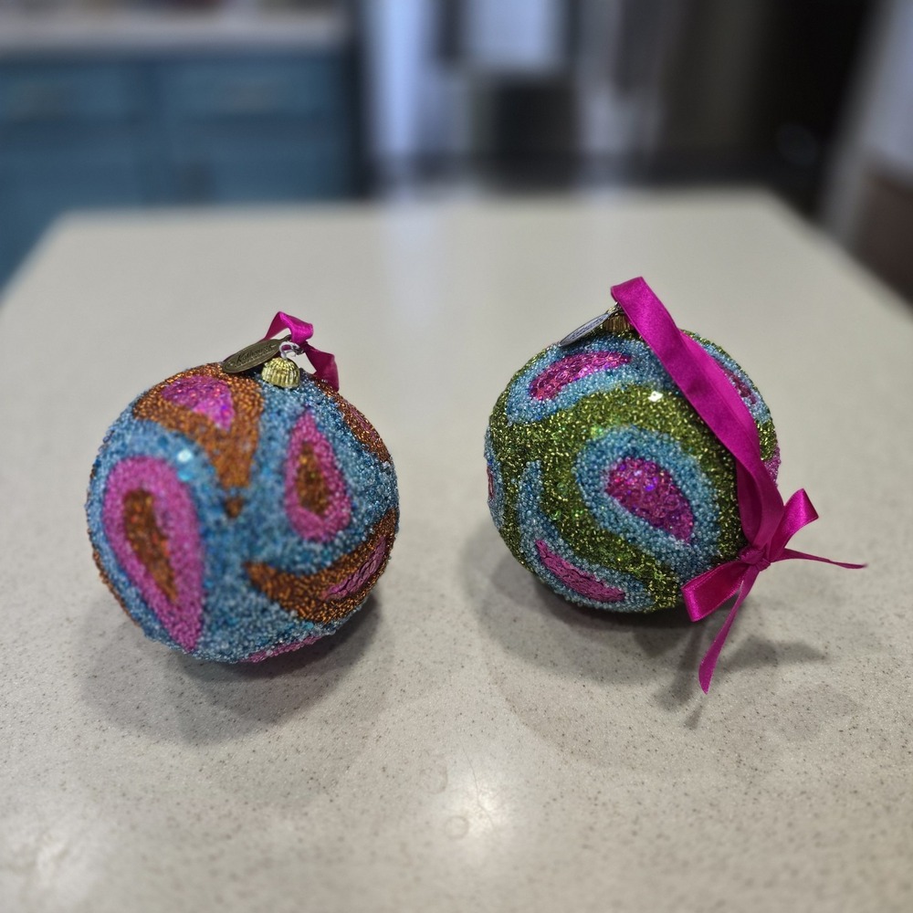 Katherine's Collection 2 Round Large Beaded Sequin Christmas Ornaments